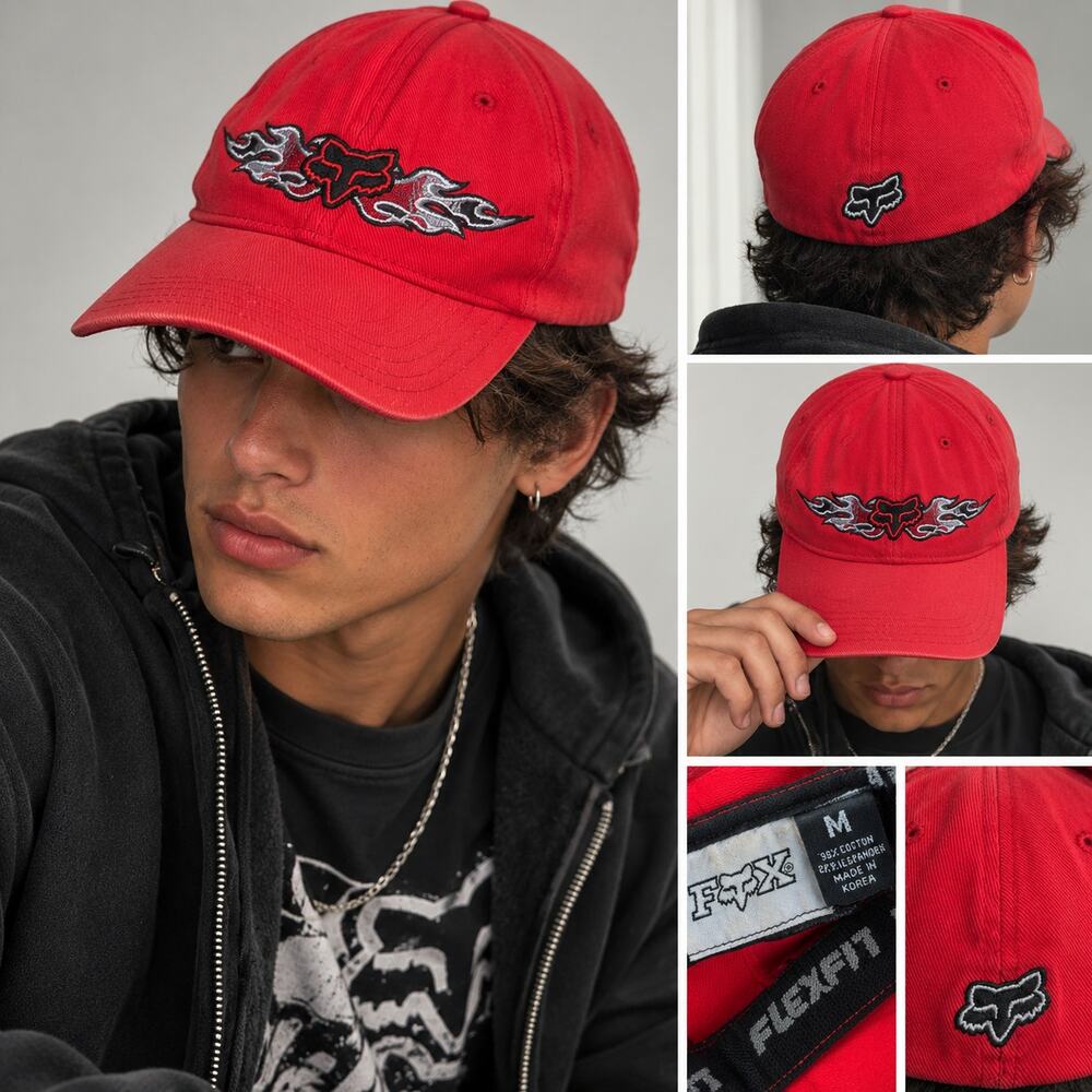 Vintage Y2K Fox Racing Flexfit Hat Red Tribal Flame Logo Motocross Cap Size M